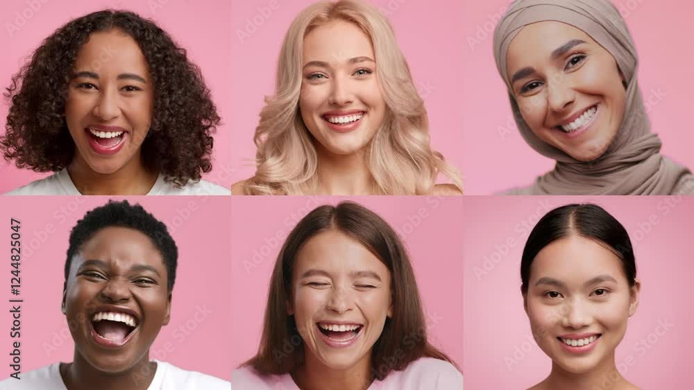A collection of women displaying joyful smiles and expressions, emphasizing diversity and confidence in a cheerful setting. A collection of women displaying joyful smiles and expressions, emphasizing diversity and confidence in a cheerful setting.