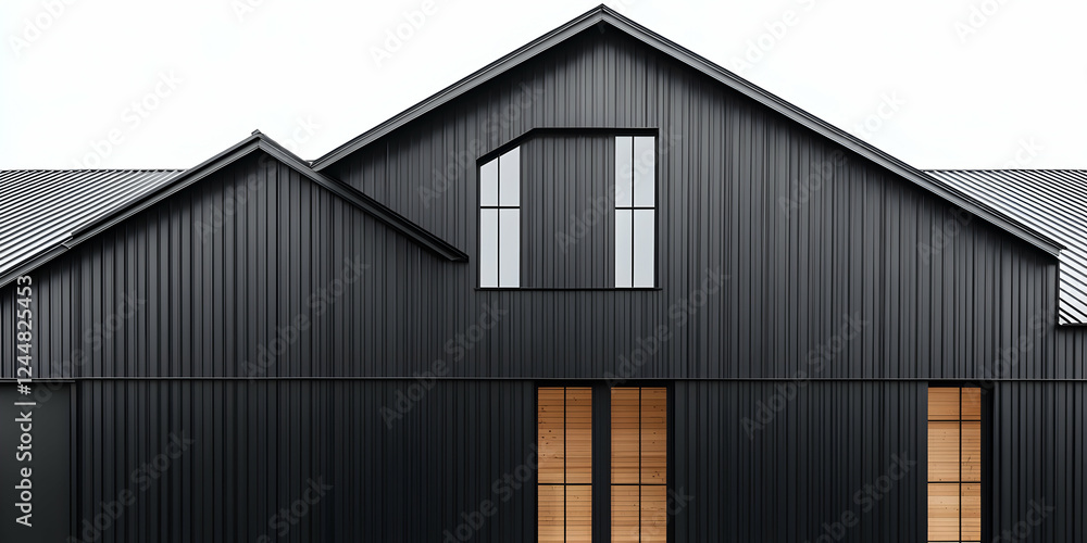Modern Black Metal House Exterior with Geometric Windows and Wooden Accents Under White Sky Modern Black Metal House Exterior with Geometric Windows and Wooden Accents Under White Sky
