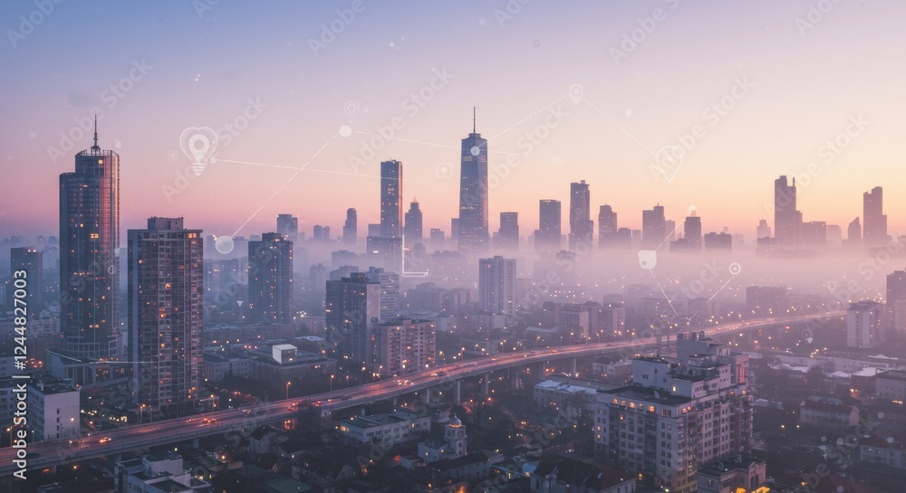 Obraz premium Smart city skyline at dawn with technology icons and misty horizon