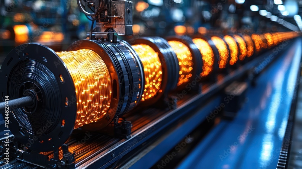 Obraz premium Industrial production line with glowing wires being processed on a conveyor belt.