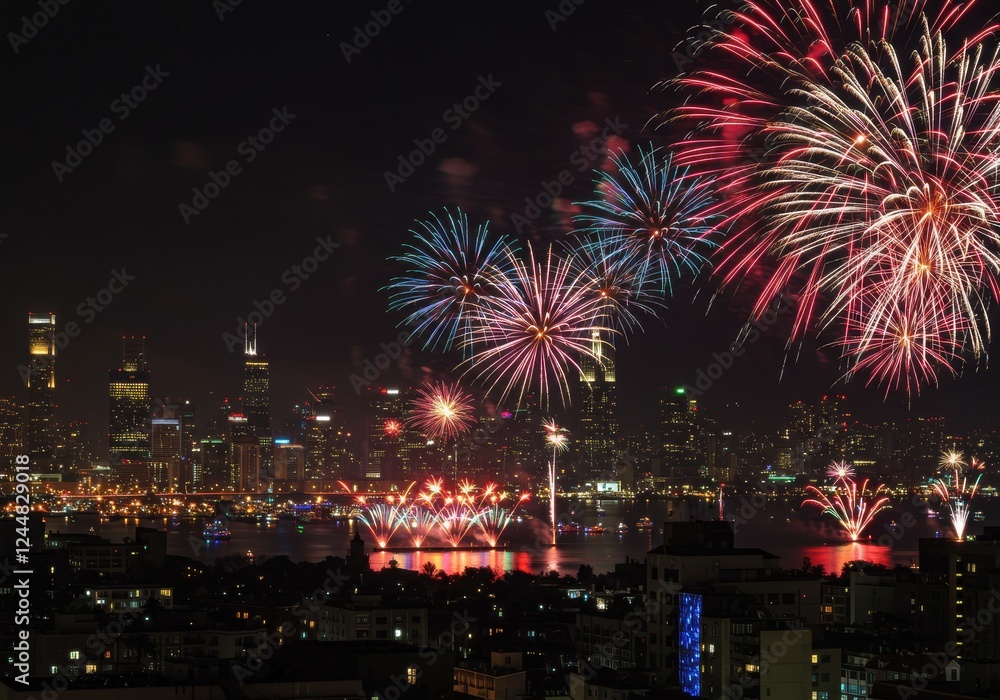 Vibrant fireworks light up night sky over cityscape with skyscrapers reflecting on water Vibrant fireworks light up night sky over cityscape with skyscrapers reflecting on water