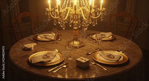 Luxurious chandelier-lit dining table, gold plates with heart napkin rings, a small gift box photo