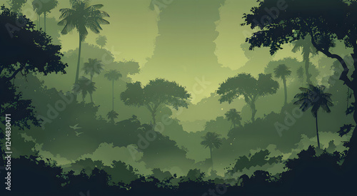 Vibrant tropical jungle with lime green sky.