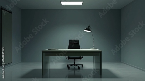 Photorealistic image of a minimalist office with a single desk lamp, black chair, and empty white walls for a clean look
 photo