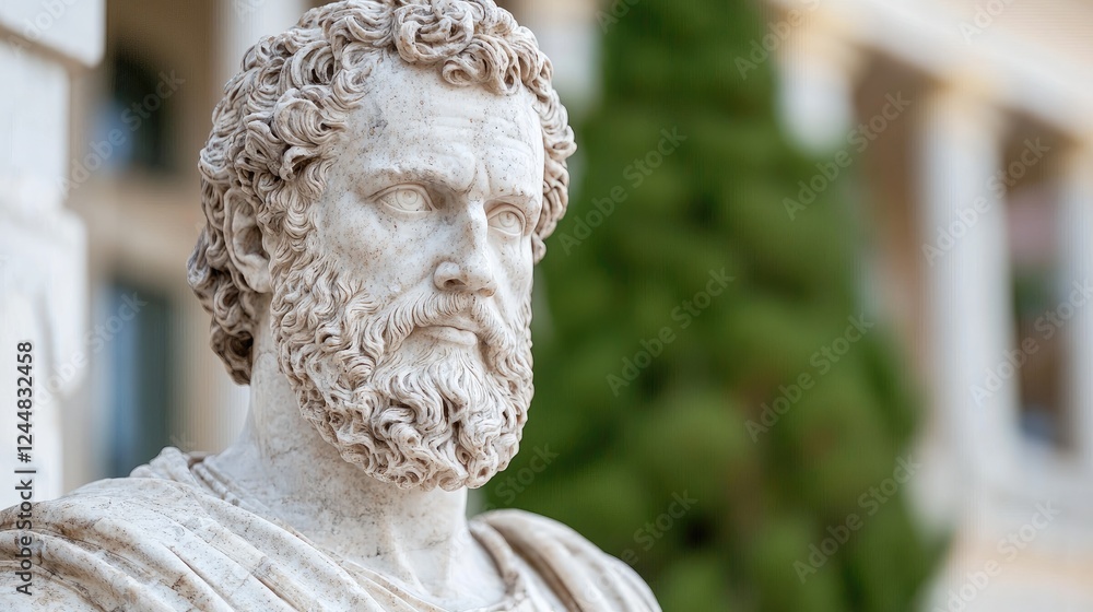 Obraz premium Ancient Greek bust, historical building backdrop