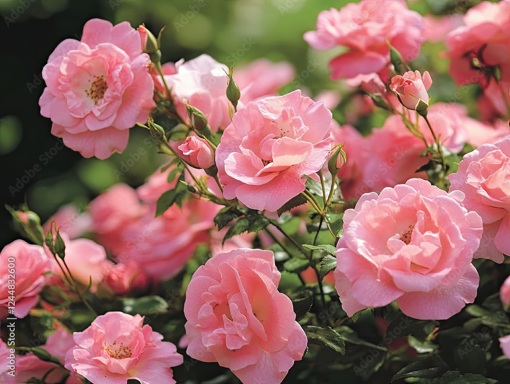 Romantic display of vibrant pink roses in full bloom on a sunny day