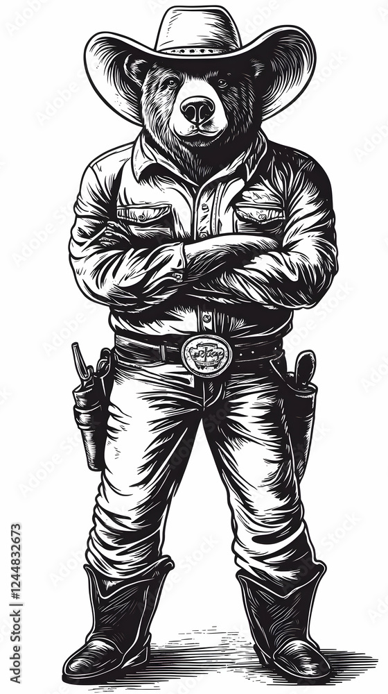 Bear Sheriff Stands with Arms Crossed, Wearing Cowboy Attire and Two Holstered Pistols, Ready to Uphold the Law Bear Sheriff Stands with Arms Crossed, Wearing Cowboy Attire and Two Holstered Pistols, Ready to Uphold the Law