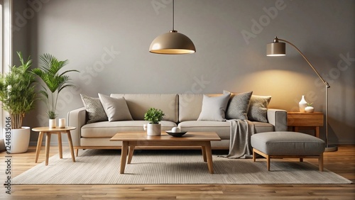 The rander of living room interior in warm tones with sofa which cozy, 3D rendering with minimal style concept.	 photo