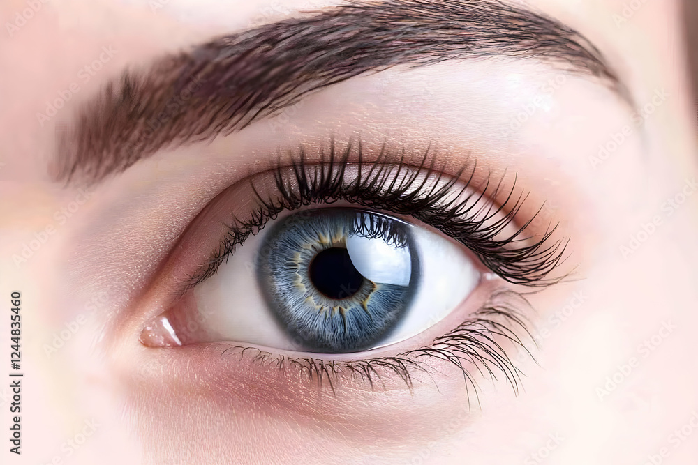 Obraz premium Close-up of a Blue Eye with Long Dark Eyelashes and a Perfectly Shaped Eyebrow