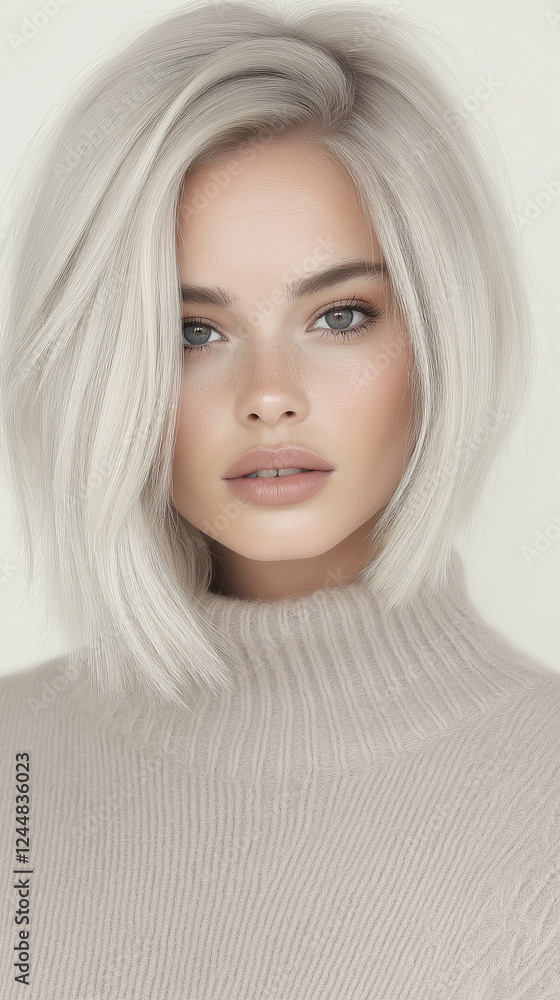 Fashionable young woman with platinum blonde layered bob haircut wearing a cozy beige sweater, posing confidently against a soft neutral background. Fashionable young woman with platinum blonde layered bob haircut wearing a cozy beige sweater, posing confidently against a soft neutral background.