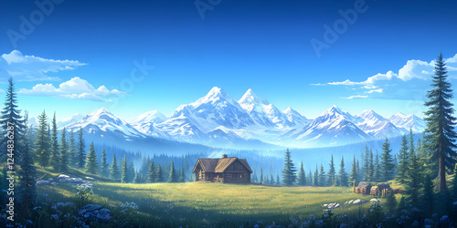A Serene Log Cabin Stands i...
