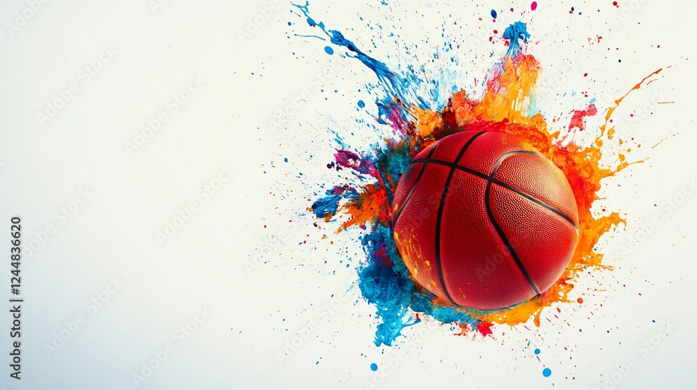 Basketball with vibrant paint splatters creating a dynamic and colorful abstract design Basketball with vibrant paint splatters creating a dynamic and colorful abstract design