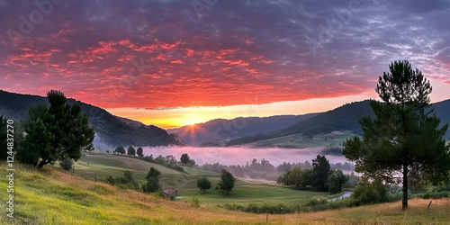 Sunrise illuminates a misty...
