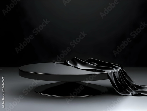 Black round podium draped w...