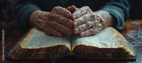 Aged hands resting on open bible. photo