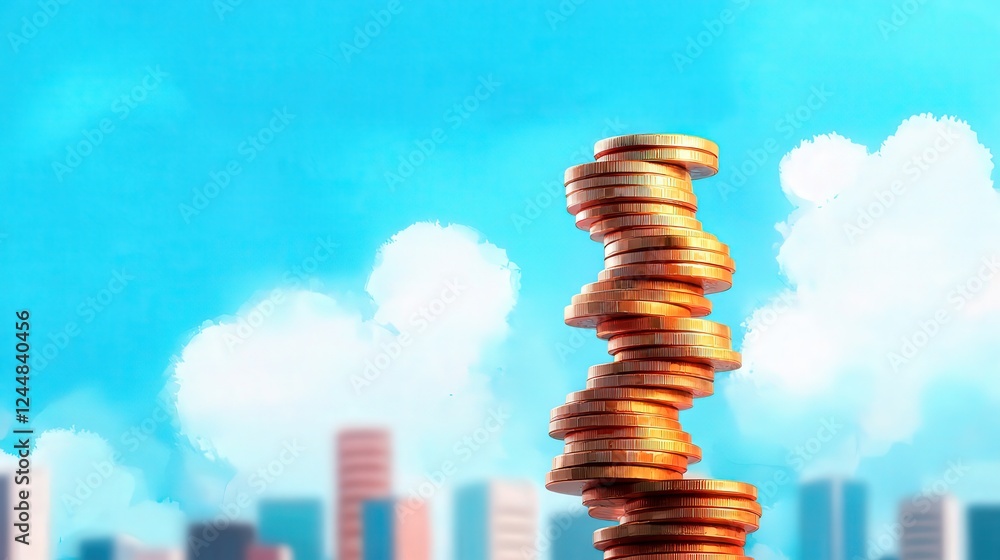 Stacked Coins Against Blue Sky and City Background Stacked Coins Against Blue Sky and City Background