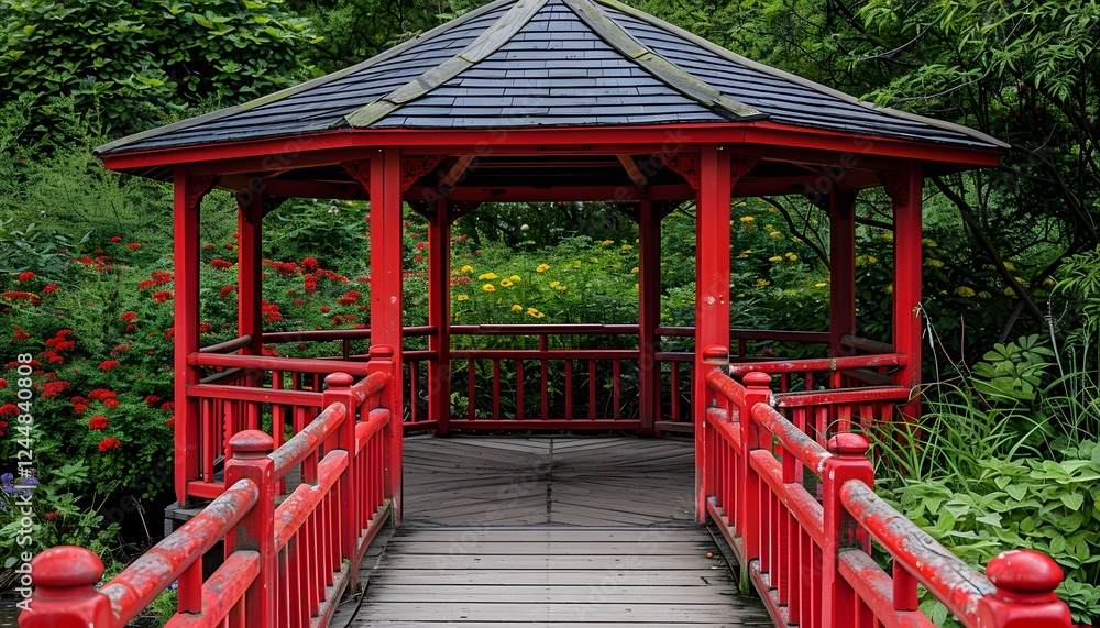 Arched bridge to red pavilion in forest. Arched bridge to red pavilion in forest.