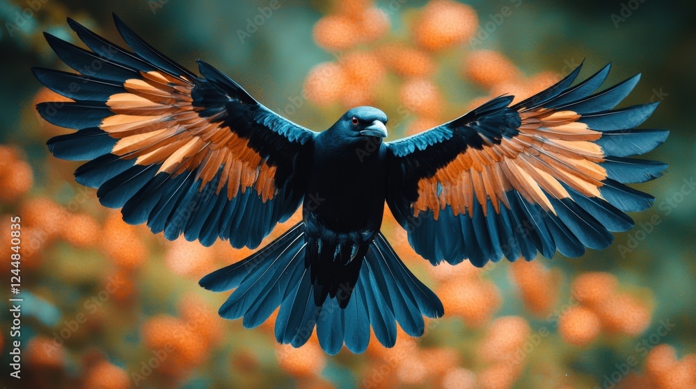 Fototapeta premium Vibrant Black Bird with Orange Wings in Flight Over Floral Background