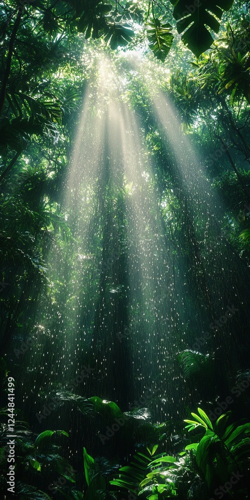 Naklejka premium Sunbeams Raining Through Lush Rainforest Canopy