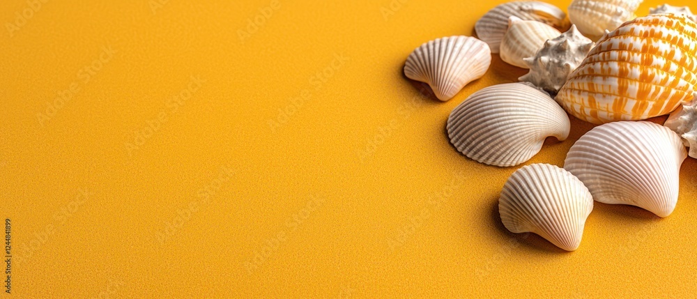 A collection of seashells arranged on a vibrant yellow background. A collection of seashells arranged on a vibrant yellow background.