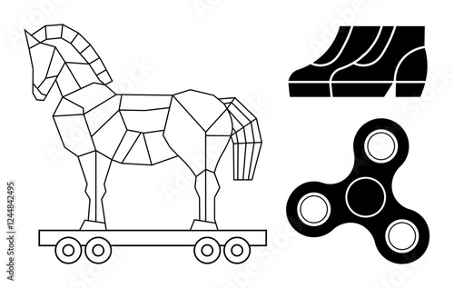 Polygonal Trojan horse on wheels, stylized shoe design, and black fidget spinner. Ideal for history, deception, movement, play, design modernity innovation concepts. Abstract line flat metaphor