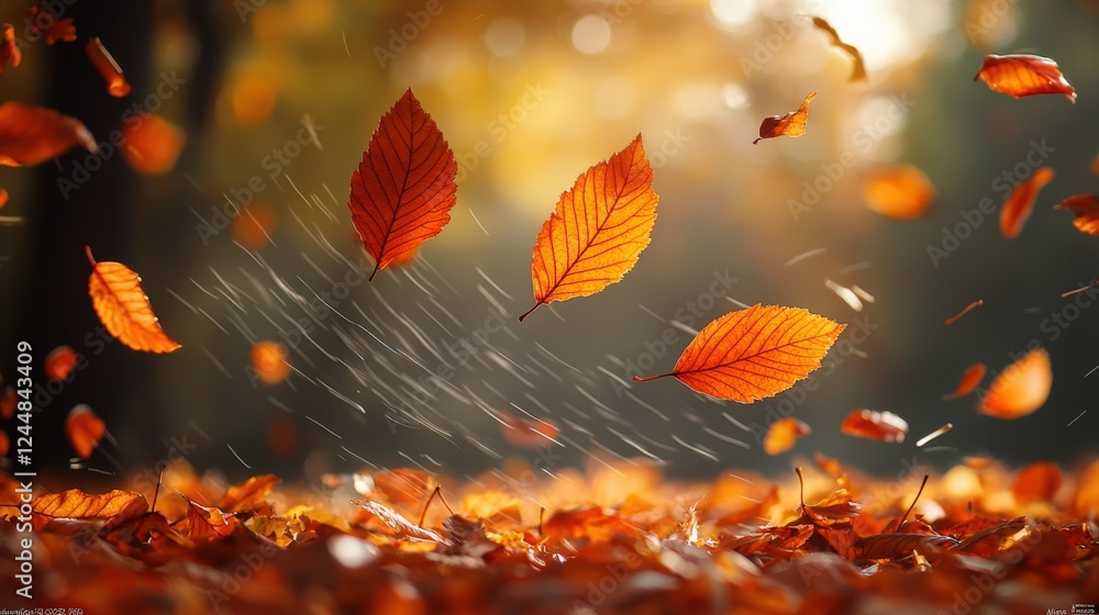 Vibrant Autumn Leaves Falling in a Sunlit Forest Scene, Nature's Beauty Vibrant Autumn Leaves Falling in a Sunlit Forest Scene, Nature's Beauty