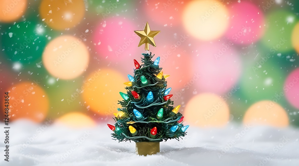 Obraz premium A miniature Christmas tree with twinkling colorful lights and a golden star, placed in a snowy setting with a blurred festive background, radiating warmth and holiday spirit