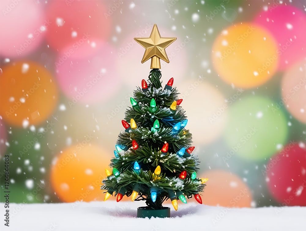 A small Christmas tree with glowing multicolored lights and a golden star on top, surrounded by a snowy scene with a blurred bokeh background, perfect for holiday celebrations
A small Christmas tree with glowing multicolored lights and a golden star on top, surrounded by a snowy scene with a blurred bokeh background, perfect for holiday celebrations