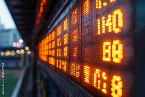 Electronic stock market board with glowing numbers photo