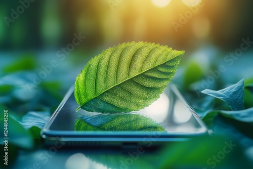 Close-up of a green leaf on a reflective surface photo