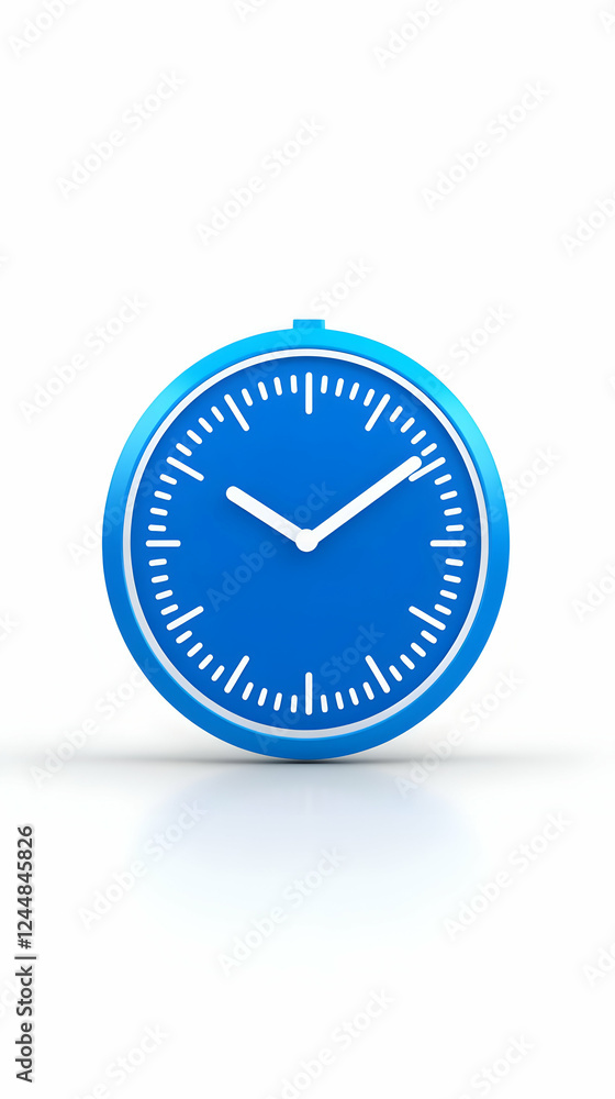 3D Illustration of a Simple Blue Clock Shows Time Accurately with White Hands on White Background