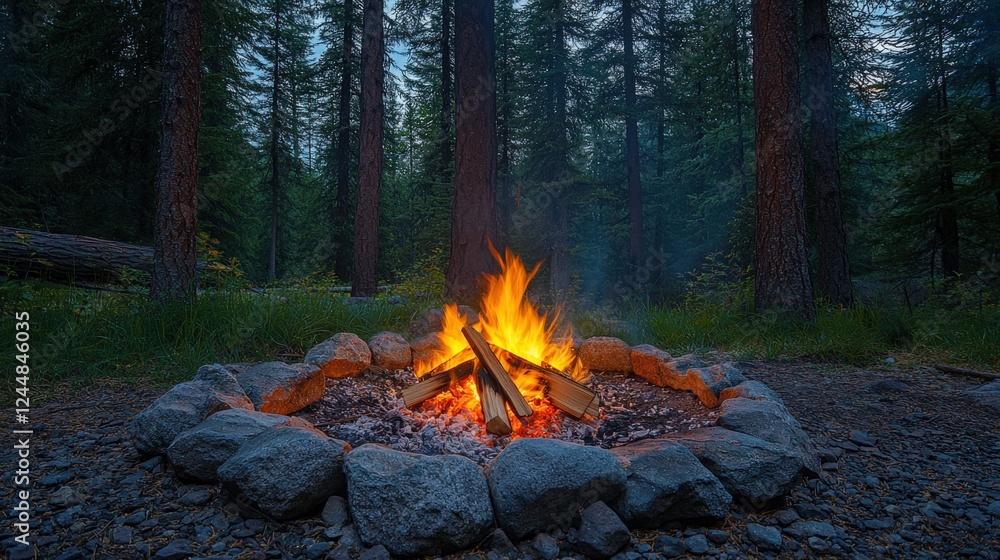 Cozy Campfire in a Peaceful Forest Setting at Dusk Cozy Campfire in a Peaceful Forest Setting at Dusk