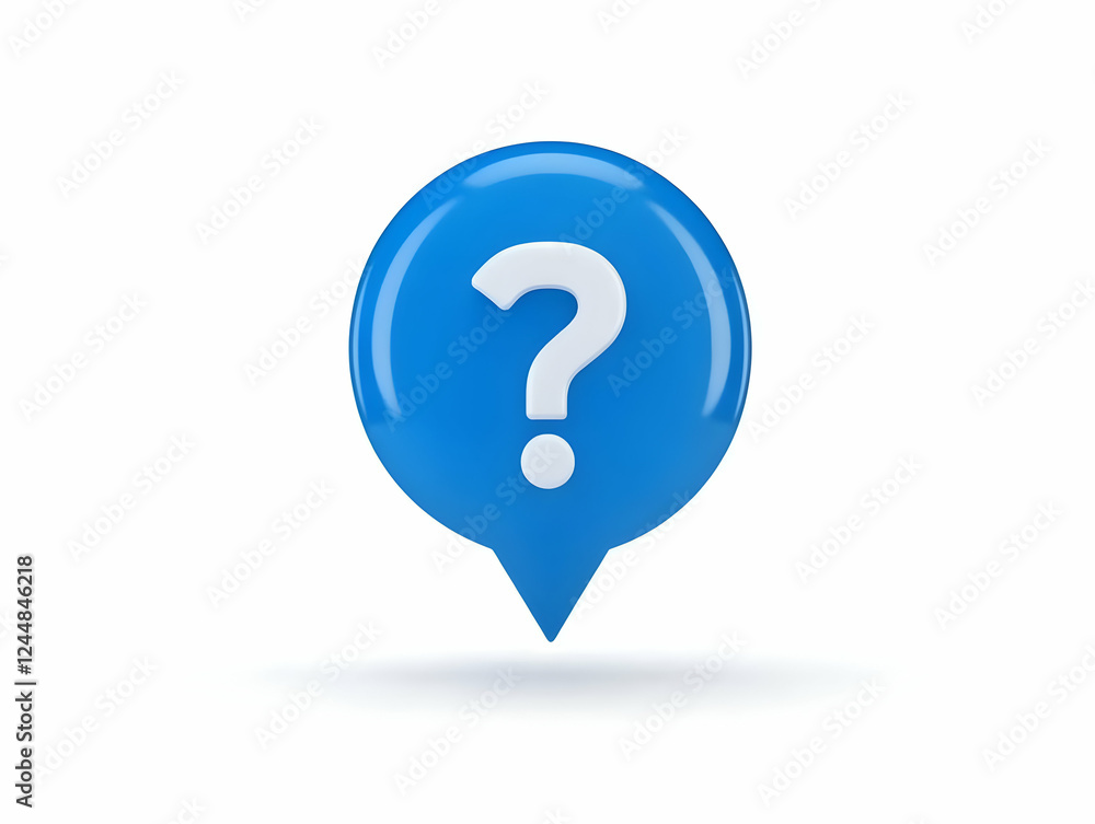 3D Question Mark Icon in a Blue Speech Bubble Pointed Downward on a White Background 3D Question Mark Icon in a Blue Speech Bubble Pointed Downward on a White Background
