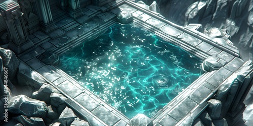 Emerald green pool under rock cave.