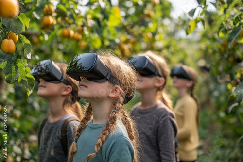 Children picking oranges in an orchard under sunlight photo