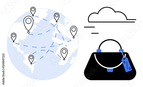 Connections mark journeys on a globe beside a handbag and cloud icon. Ideal for travel, networking, global business, logistics, tourism, cloud services, e-commerce. Abstract line flat metaphor