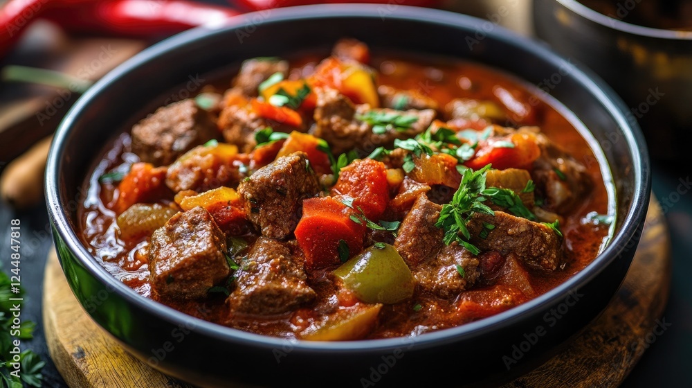 Hearty Beef Stew with Vegetables in a Dark Bowl on Rustic Wood Hearty Beef Stew with Vegetables in a Dark Bowl on Rustic Wood