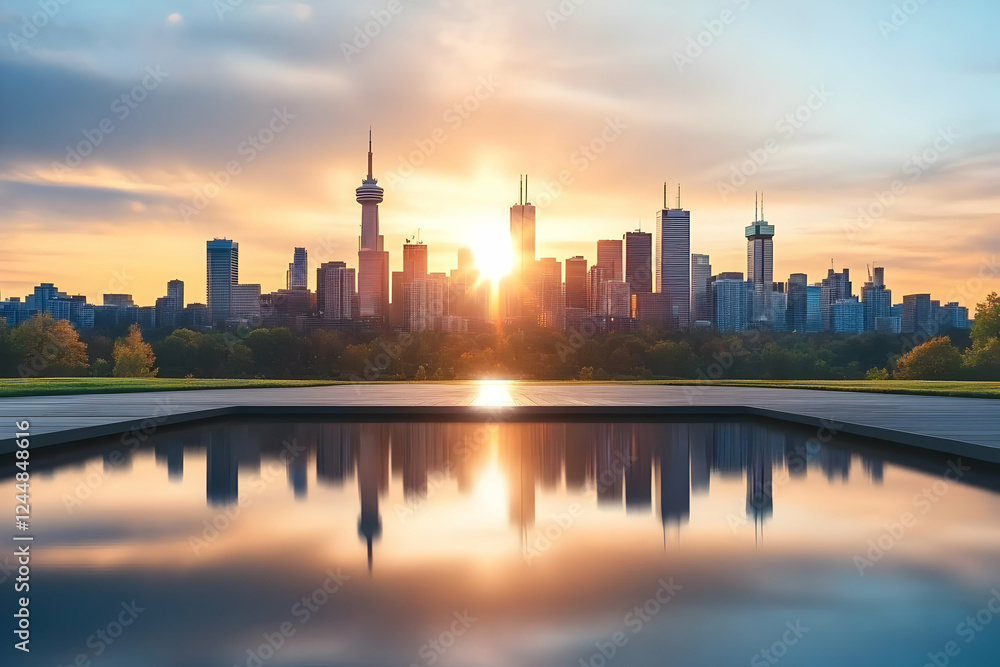 Naklejka premium Cityscape Reflects in Calm Water at Sunset with Dramatic Sky, showcasing modern urban architecture beautifully.