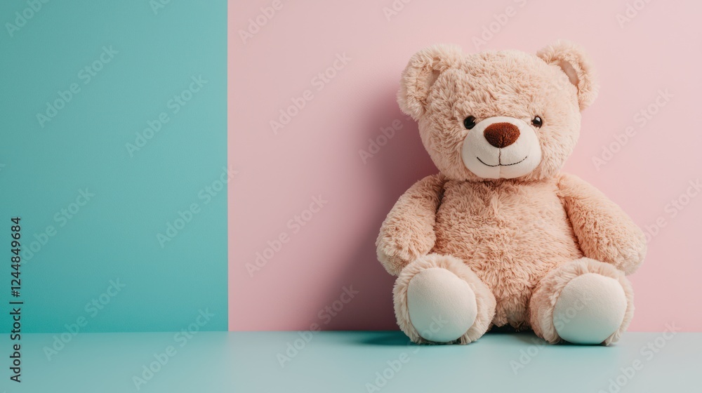 A plush teddy bear sits against a pastel pink and blue background, evoking warmth and comfort. A plush teddy bear sits against a pastel pink and blue background, evoking warmth and comfort.