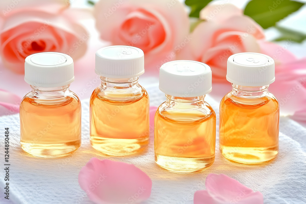 Four Bottles of Rose Essential Oil Rest on Soft White Cloth with Pink Rose Petals Gently Scattered Around Four Bottles of Rose Essential Oil Rest on Soft White Cloth with Pink Rose Petals Gently Scattered Around