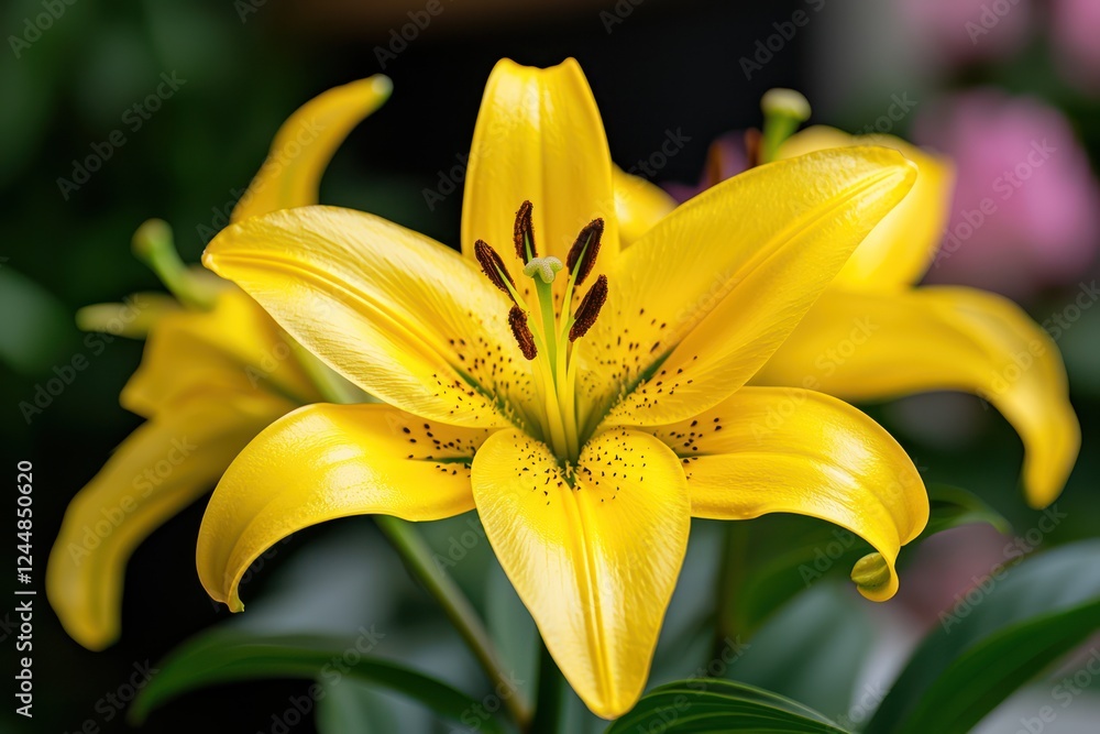 A vibrant yellow lily flower in full bloom, showcasing its intricate petals and details. A vibrant yellow lily flower in full bloom, showcasing its intricate petals and details.