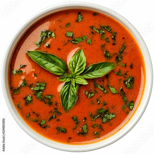 Tomato soup is served in a ...