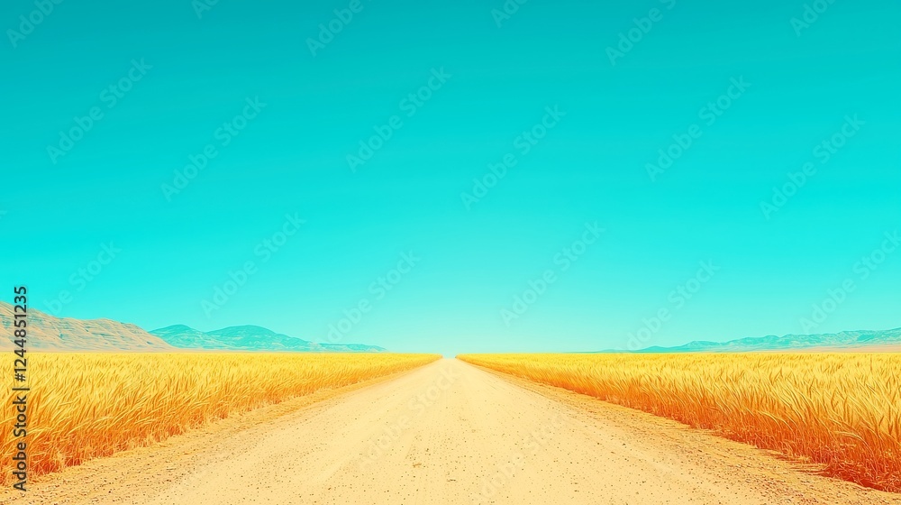 Golden Wheatfield Road, a serene path meandering through golden waves of wheat, minimalist design evokes tranquility, emphasizing the beauty of nature's bounty in a clean landscape. Golden Wheatfield Road, a serene path meandering through golden waves of wheat, minimalist design evokes tranquility, emphasizing the beauty of nature's bounty in a clean landscape.