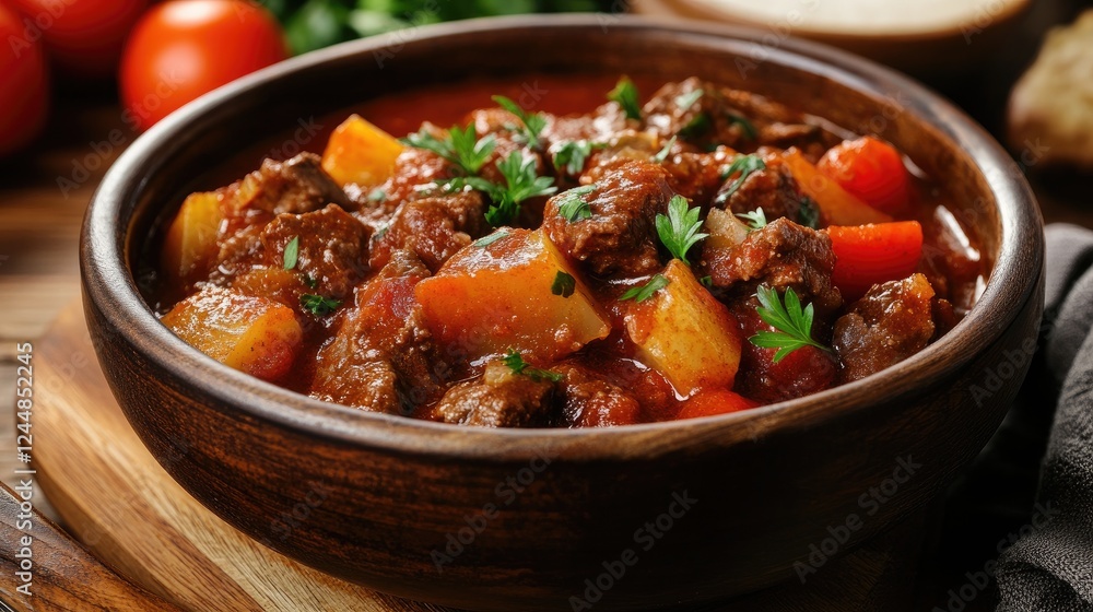 Hearty Beef Stew with Potatoes and Vegetables in Rustic Wooden Bowl Hearty Beef Stew with Potatoes and Vegetables in Rustic Wooden Bowl