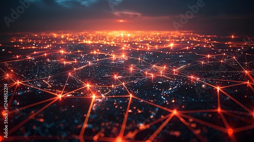 Night city skyline with illuminated network connections.