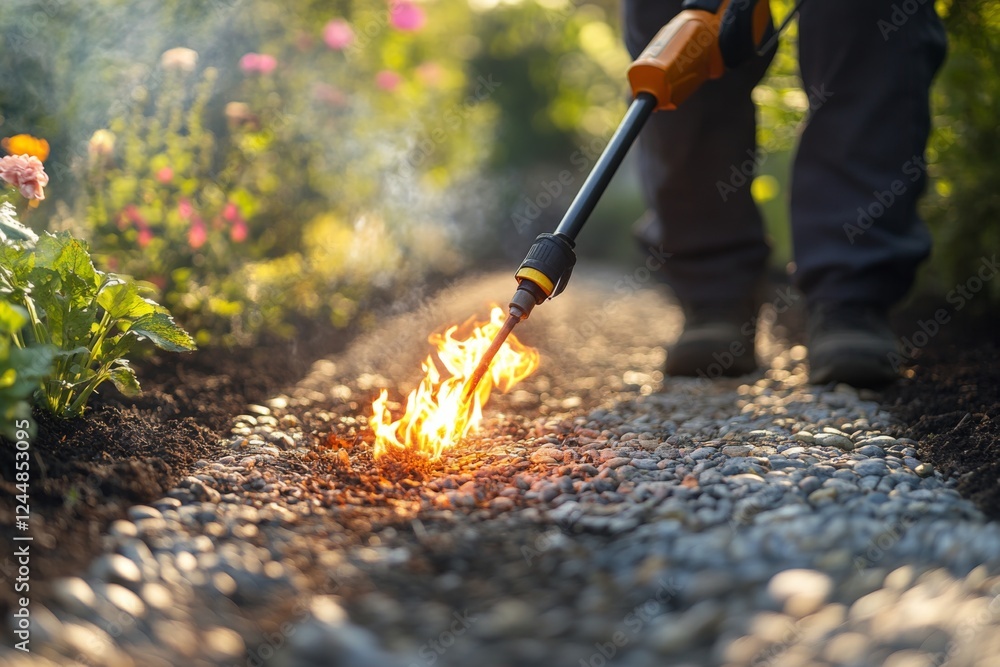 Man planting flowers in a sunny garden surrounded by soil and green foliage Man planting flowers in a sunny garden surrounded by soil and green foliage