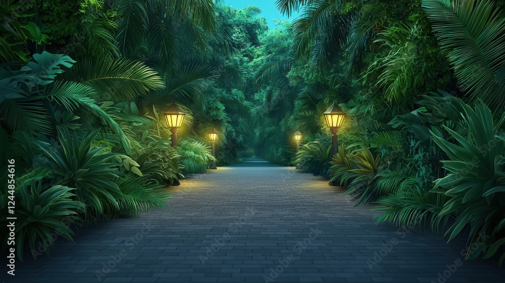Obraz premium Tranquil Pathway in Lush Jungle with Street Lamps