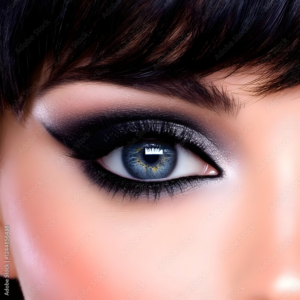 Fototapeta premium Close-up of a Blue Eye with Dramatic Black and Silver Eye Makeup Application
