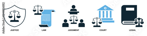 set of law and justice icon vector,  featuring scales of justice, a gavel, courthouse for law firms, judiciary, legal services, and regulations