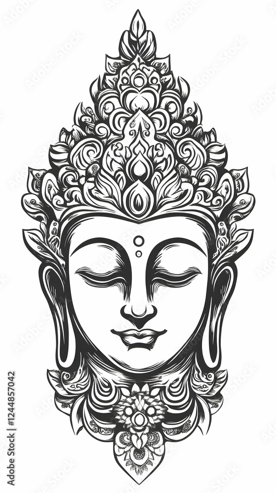 Fototapeta premium Serene Buddha Face Illustration with Ornate Floral Headpiece in Black and White